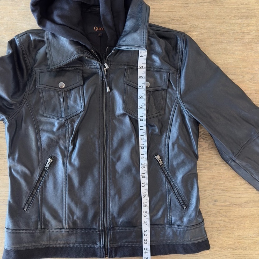 Quince 100% Soft Sheep Leather Moto Biker Jacket w/ Removable Hood-Black-Sz L - Picture 11 of 16